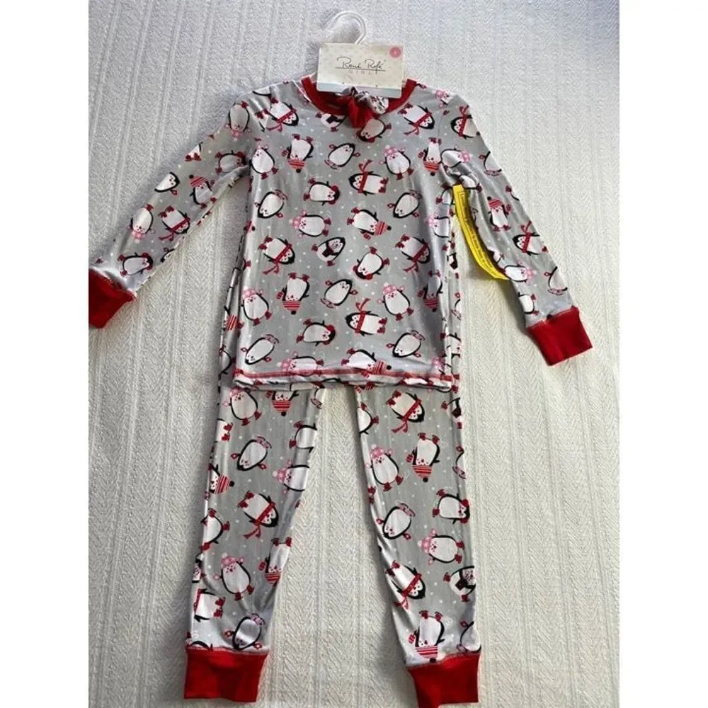 René Rofé Girl SIZE 10 Gray & Red Penguin Pajama & Scrunchie Set